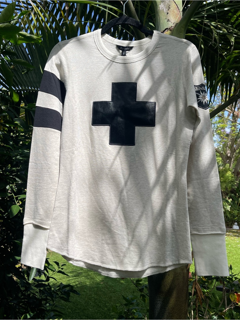 Alp N Rock Heather Ivory Crew with Black Leather Cross Appliqué and Arm Patch